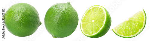 Natural fresh lime, half and slice isolated, transparent PNG, PNG format, cut out..