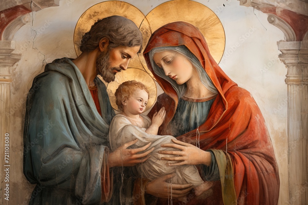 The image of the Holy Family, Jesus, Mary and Joseph in the form of an ancient fresco The image of the Holy Family, Jesus, Mary and Joseph in the form of an ancient fresco