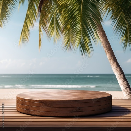 Summer product display on wooden podium at sea tropical beach © MR. Motu