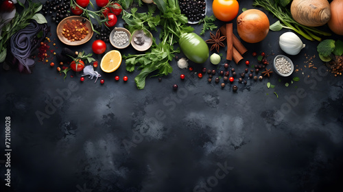Vegetables set and spices for cooking on dark background,, Healthy food for the heart dietary food on a black stone background top view free copy space 