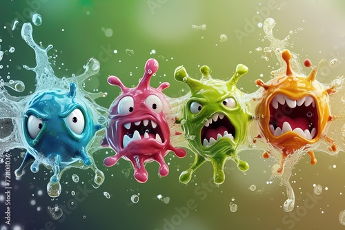 Viruses, bacteria with grimaces in water in cartoon style, 3d