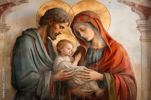 The image of the Holy Family, Jesus, Mary and Joseph in the form of an ancient fresco