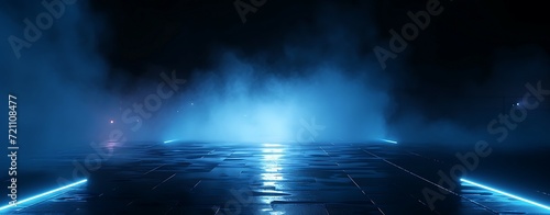 Dark empty scene, blue neon searchlight light, wet asphalt, smoke, night view, rays © Rana