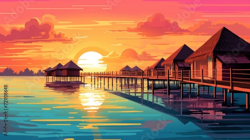 A serene vector design of a Maldivian paradise, featuring overwater bungalows, clear lagoons, and a radiant sunset sky, creating a dreamy atmosphere photo