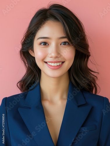 Young Asian smiling woman with blue suit, photo models