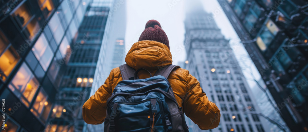 hiker walking in the city