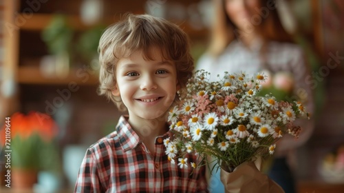 A 10-year-old boy in a checkered shirt stands with a bouquet of flowers for h...