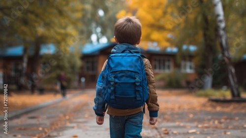 A boy with a blue school backpack joyfully walks to school
