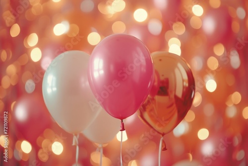 gold, pink, white and orange balloons with a background in the background
