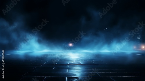 Dark empty scene, blue neon searchlight light, wet asphalt, smoke, night view, rays. AI Generative