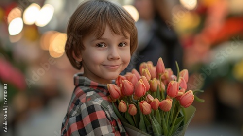 A 10-year-old boy in a checkered shirt stands with a bouquet of flowers for h...