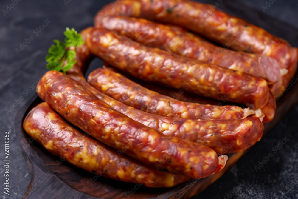 meat products. smoked sausage with herbs lies on a plate, close-up. meat and products concept meat products. smoked sausage with herbs lies on a plate, close-up. meat and products concept