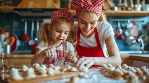 A girl and her mother in red aprons are baking pancakes in the kitchen