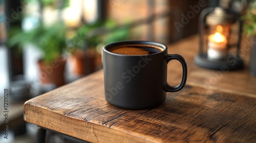 Black coffee mug on wooden table in coffee shop. photo