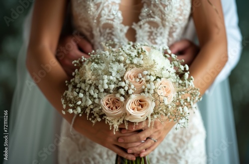 a couple embracing and one of them holding the hands of the bride