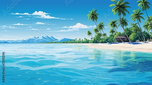 A stunning vector-style illustration of a pristine beach in the Maldives with crystal-clear turquoise waters and lush palm trees swaying in the breeze  all