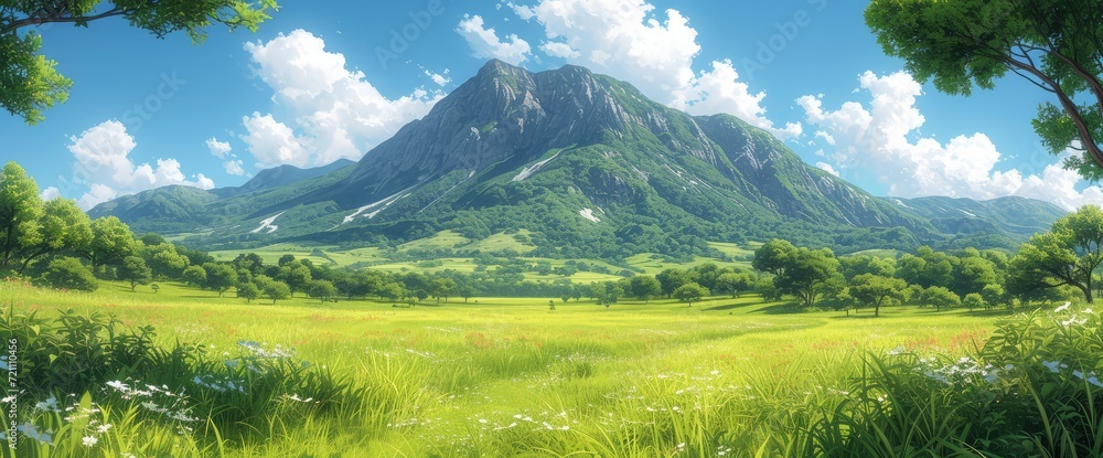 Obraz premium Watercolor Blue Sky Mountain Hill Landscape, Wallpaper Pictures, Background Hd