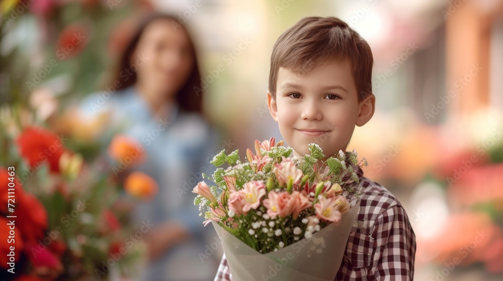 A 10-year-old boy in a checkered shirt stands with a bouquet of flowers for his mother