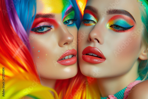 Beauty portrait of two women with colorful glamour make up. pink lips and color eyeshadows. Contemporary art collage. Modern creative artwork. New vision of beauty. © Nataliia_Trushchenko