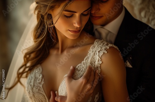 a couple embracing and one of them holding the hands of the bride
