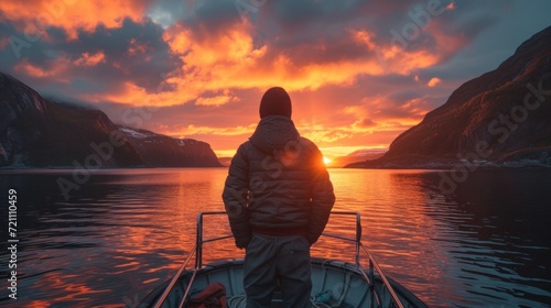 A courageous lonely fisherman in Norway stands on a boat and watches the sunset