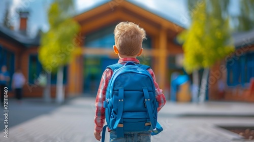 A boy with a blue school backpack joyfully walks to school