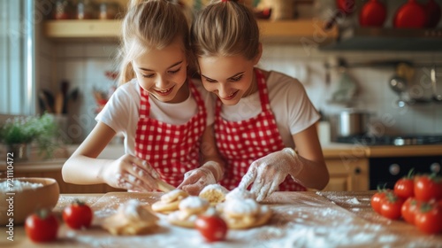 A girl and her mother in red aprons are baking pancakes in the kitchen