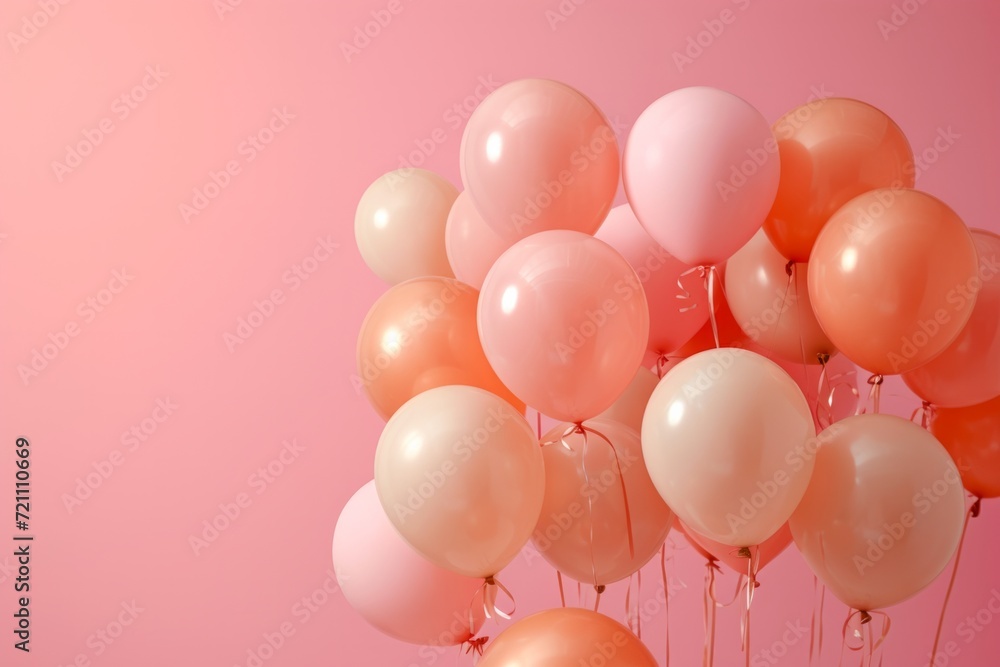a group of balloons flying over a pink background