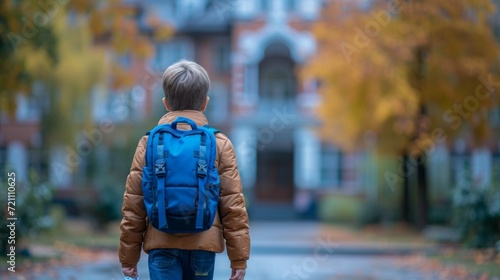 A boy with a blue school backpack joyfully walks to school