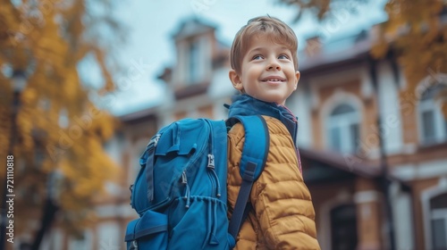 A boy with a blue school backpack joyfully walks to school