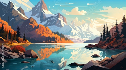 A tranquil vector composition that immerses viewers in the breathtaking landscape of the French Pyrenees  with a focus on details  textures  and vibrant colors  akin to an HD image