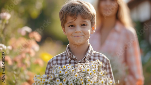 A 10-year-old boy in a checkered shirt stands with a bouquet of flowers for h...