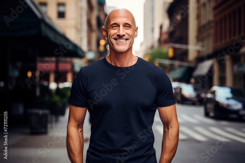 Bald middle aged man wearing mockup navy t-shirt front view in city street photo