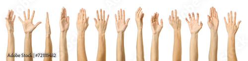 Raised hand. Multiple images set of female caucasian hand with french manicure showing Raised hand gesture photo