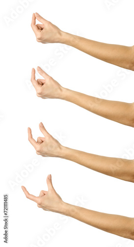 Hand pinching  holding or measuring something gesture. Multiple images set of female caucasian hand with french manicure pinching  holding or measuring something
