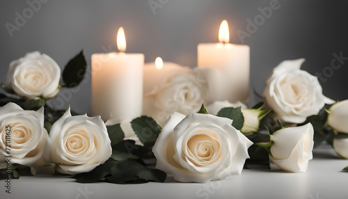 white roses and candle on table against black background.