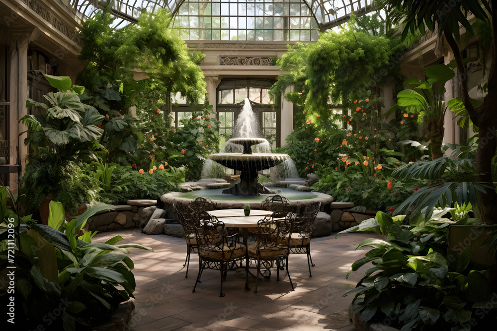 Atrium Garden Oasis with Lush Greenery and Fountain Atrium Garden Oasis with Lush Greenery and Fountain
