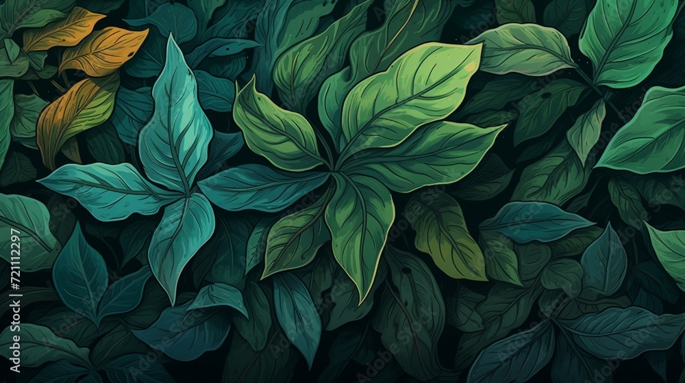 An enchanting vector illustration of a close-up view of leaves, highlighting the fine details, textures, and vibrant greens, akin to an HD camera's precision