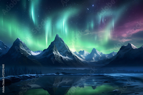 Aurora borealis with snowy mountains background