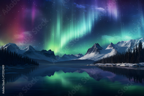 Aurora borealis with snowy mountains background photo