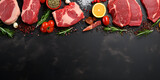 Gastronomic Opulence: Artistic Rendering of Fresh Meat in a Flat Lay Composition on a Dark Table, Embracing Culinary Space