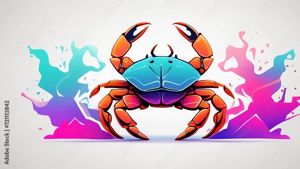 Minimalist neon line logo of a tessellated geometric crab surrounded by colorful smoke effects vectorized, symmetrical, white background