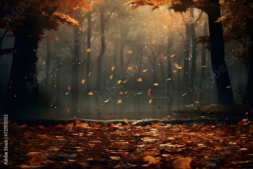 Autumn leaves falling in a forest background