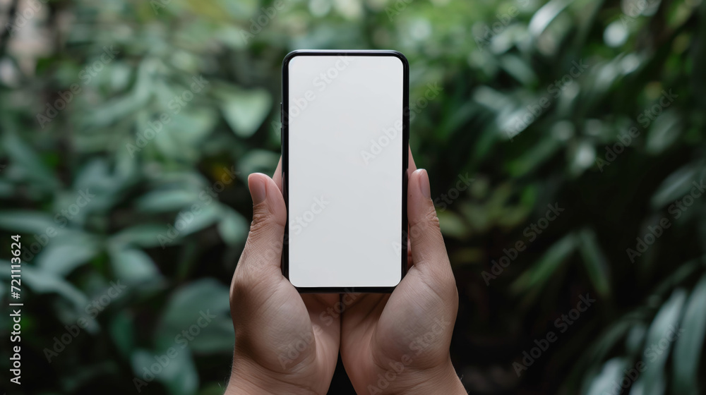 Close up adult hand holding a blank screen smartphone in the park. Close up adult hand holding a blank screen smartphone in the park.