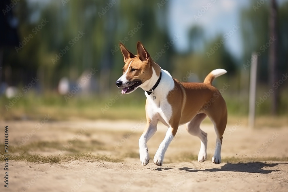 dog basenji is running on a walk down the street.