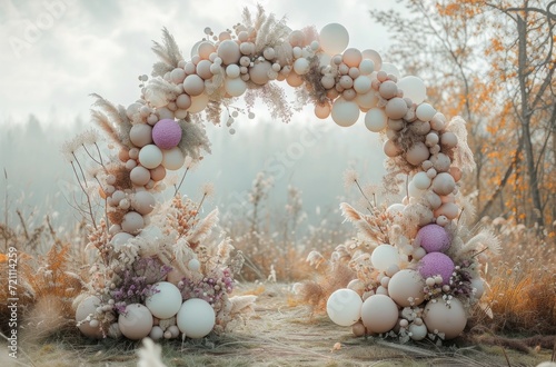 a room filled with gold, silver and white balloons