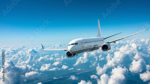 A white passenger plane flies against a background without a cloudy blue sky