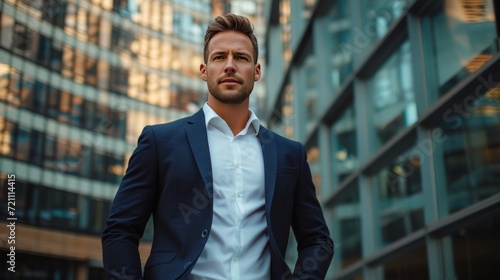 A handsome confident man dressed in a suit stands with his hands in his pocke...