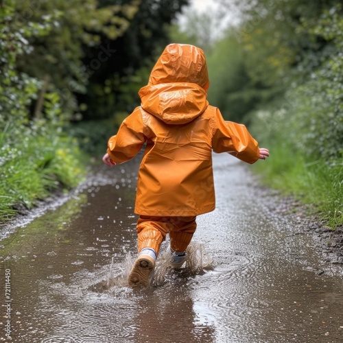 a little girl in a orange raincoat runs through puddles in the rain