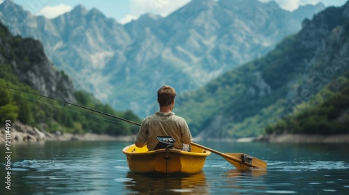  young man is fishing on a yellow boat in the middle of the lake. Beautiful mountain background blurred